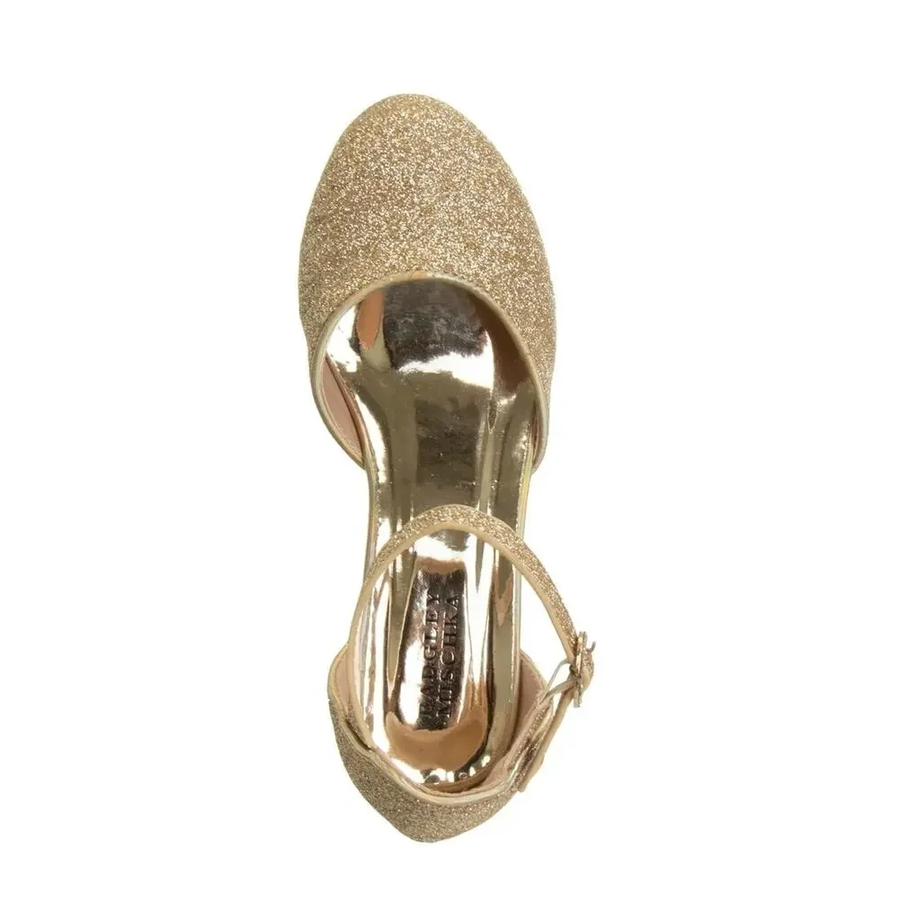 Badgley Mischka Girls Dress Shoes, Kids Party Slip-OnPumps, Gold Glittery Size 4